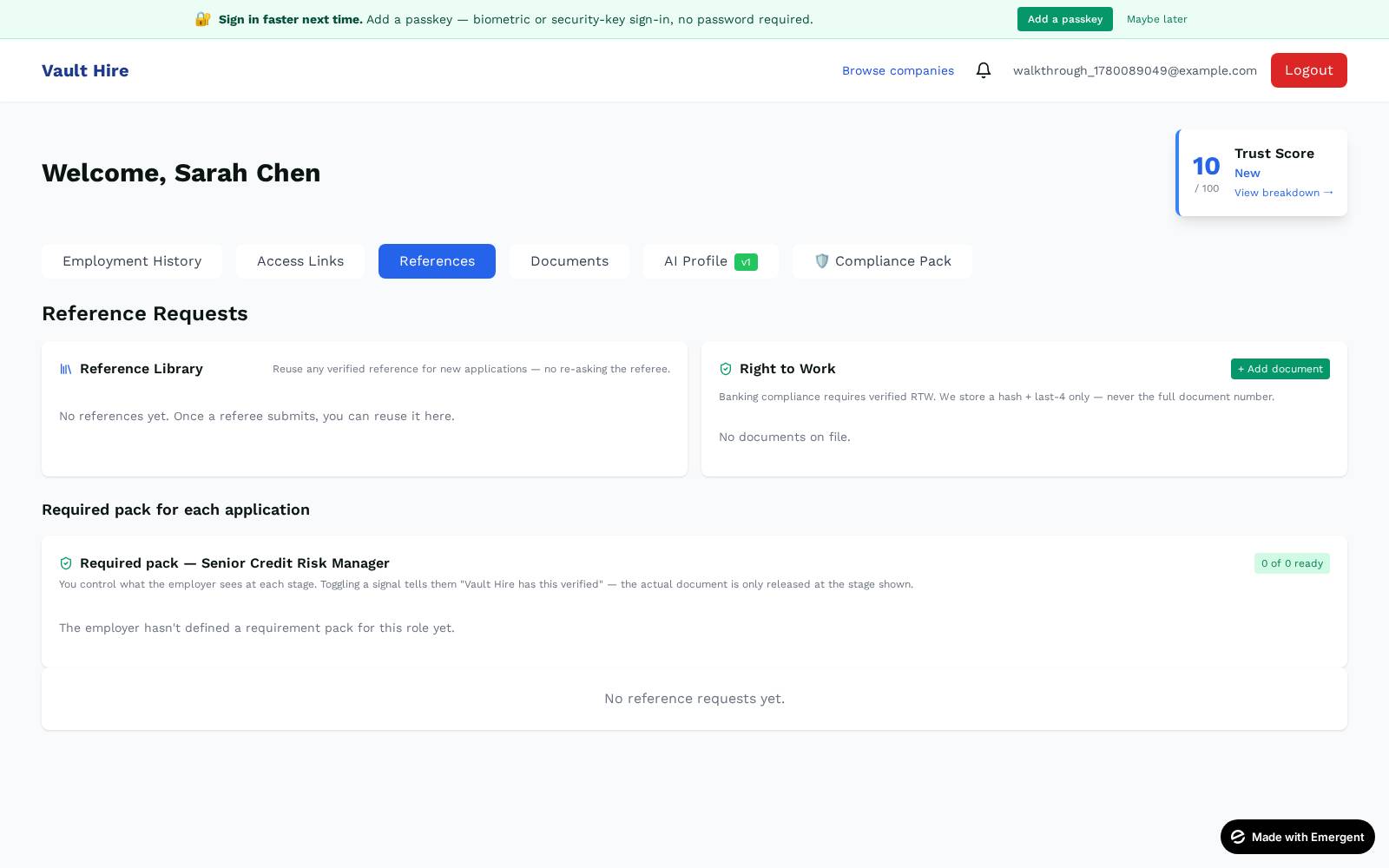 Inbound reference request screen