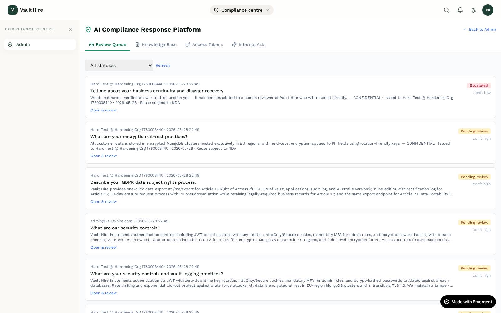 Compliance response platform