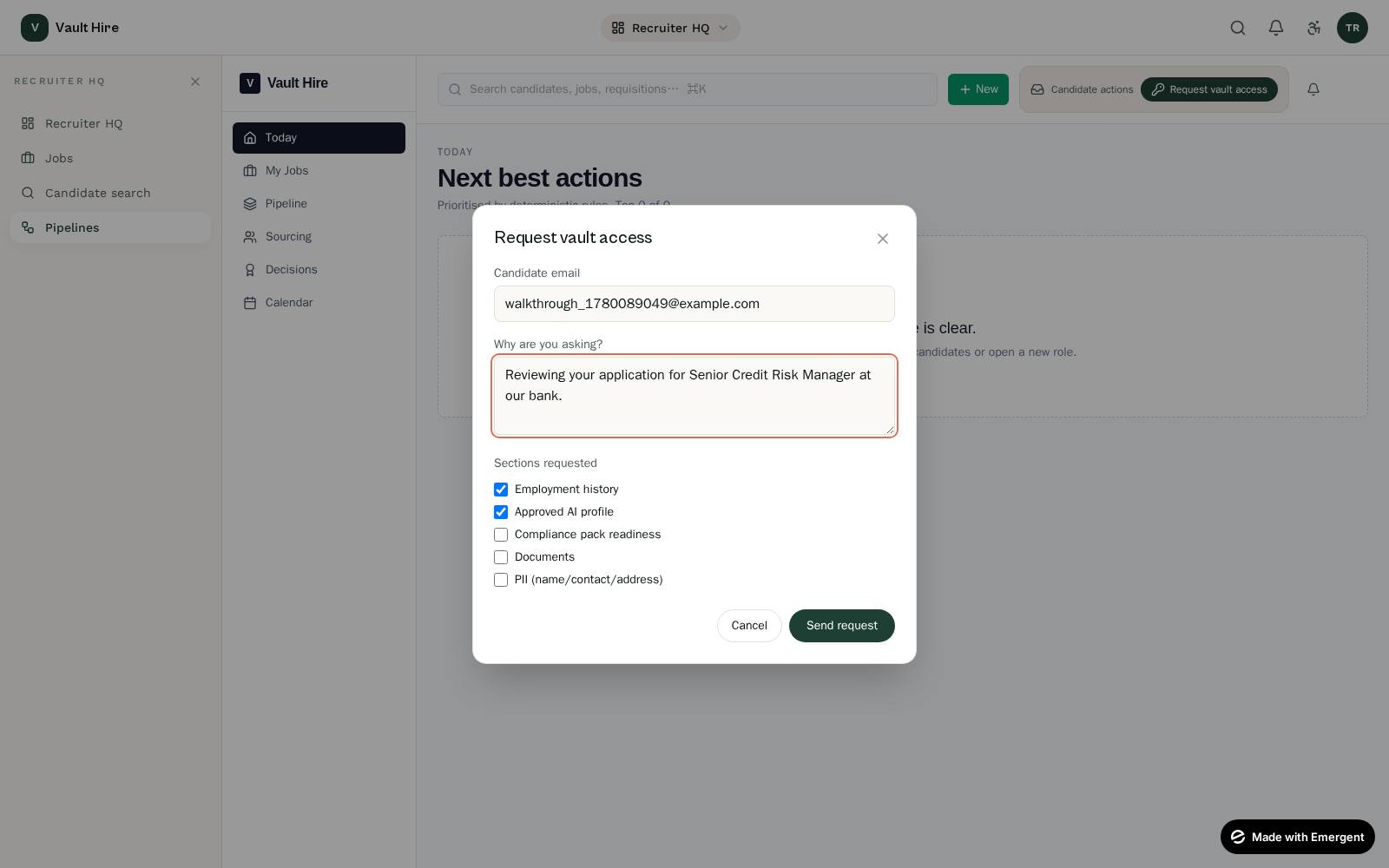 Request vault dialog